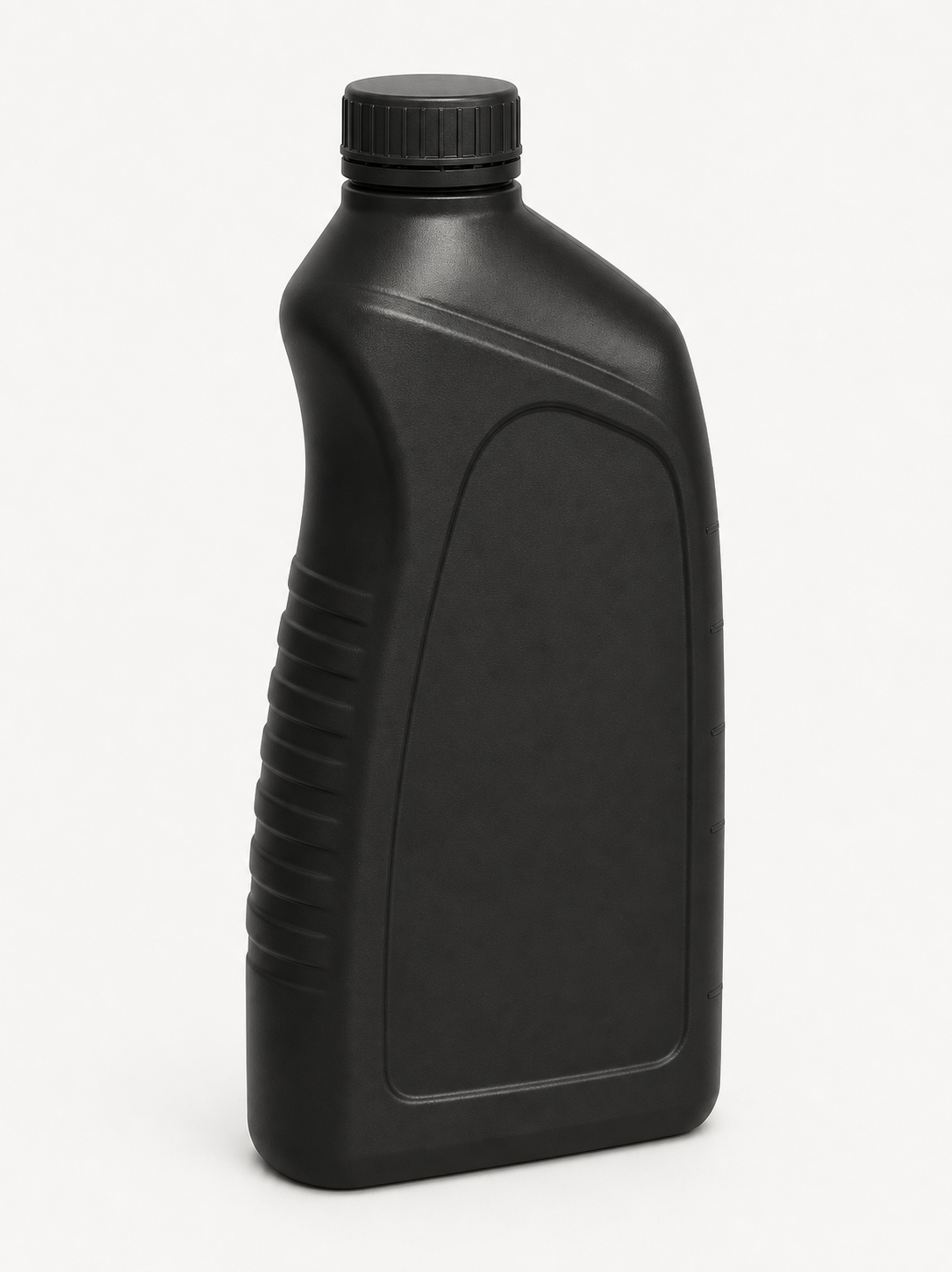 3D render of a black 1 Liter 38mm HDPE Motor Oil bottle