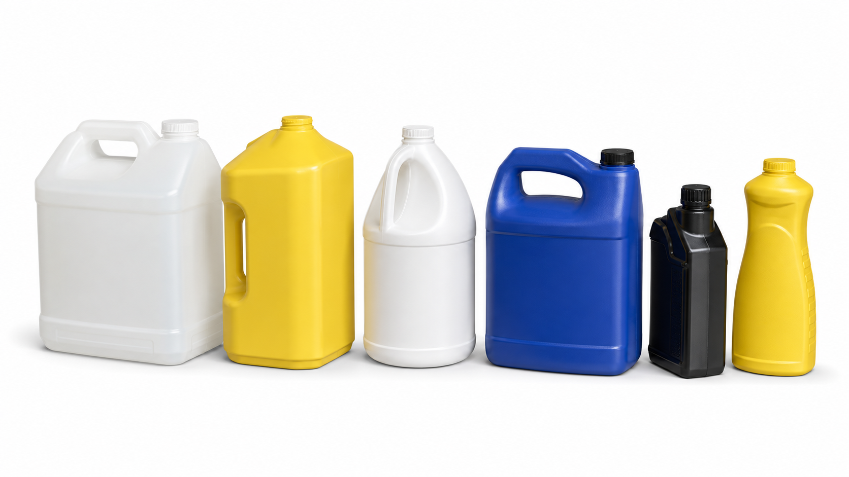 Original 3D render of POLYPER HDPE bottle and jug family including DEF, chemical, F-style and lubricant containers